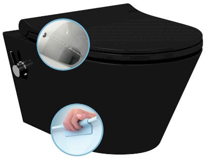 AVVA CLEANWASH závěsná WC mísa, integrovaná baterie a bidet. sprška, Rimless, 35,5x53cm, černá mat 100315-110