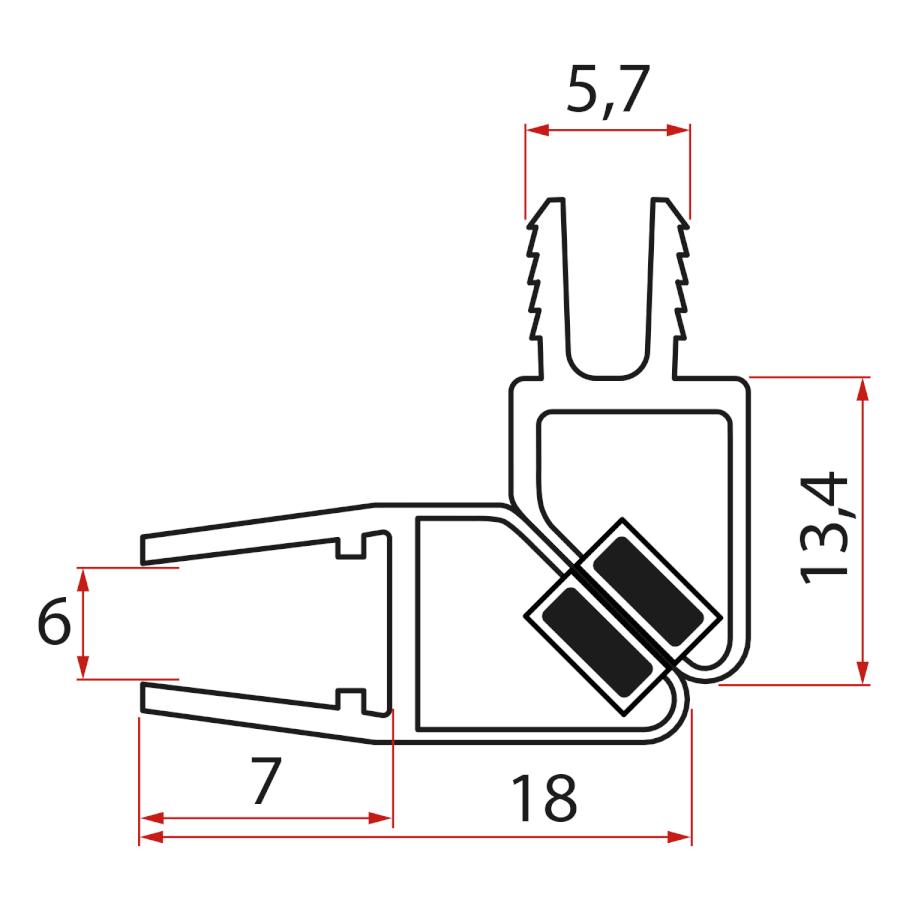 NDGS07 (47226) Set magnetických těsnění 45° pro sklo 6mm a profil, 1900mm NDGS07