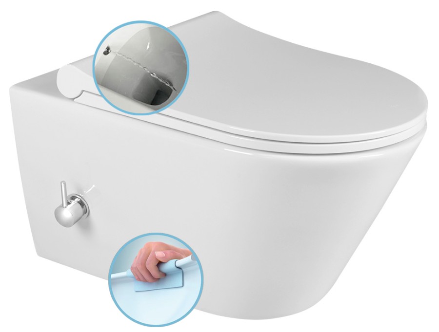 AVVA CLEANWASH závěsná WC mísa, integrovaná baterie a bidet. sprška, Rimless, 35,5x53cm, bílá 100315