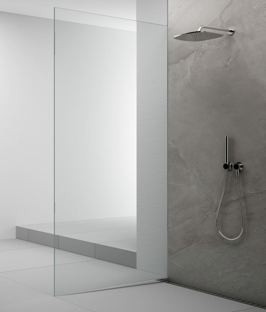 AX2116L (61019) ARCHITEX sada pro uchycení skla podlaha-stěna se spádovou lištou, 1615x2105mm, levá, leštěný hliník AX2116L