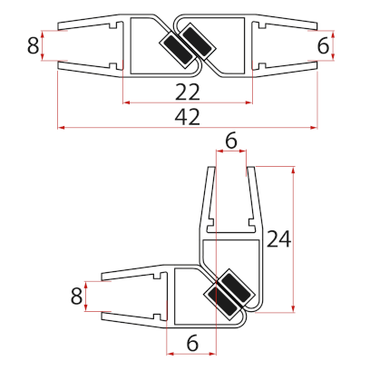 Set magnetických těsnění 45°pro sklo 6/8mm, 1900mm NDGL05