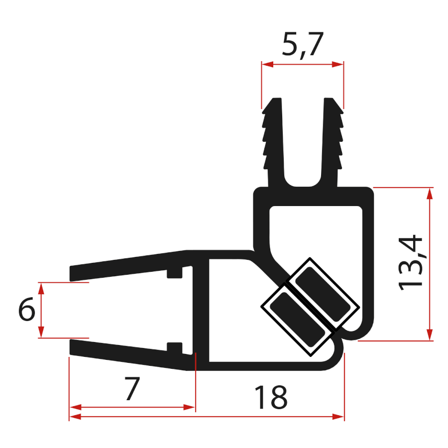 NDGS07B (56740) Set magnetických těsnění 45° pro sklo 6mm a profil, 2000mm, černá NDGS07B