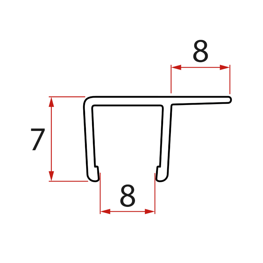 Svislé těsnění pro sklo 8mm, 2000mm NDRL02-2