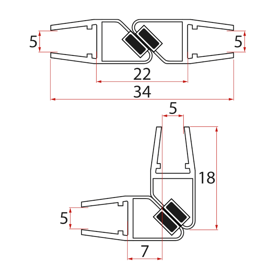 Set magnetických těsnění 45°pro sklo 5/5mm, 2000mm MAG03