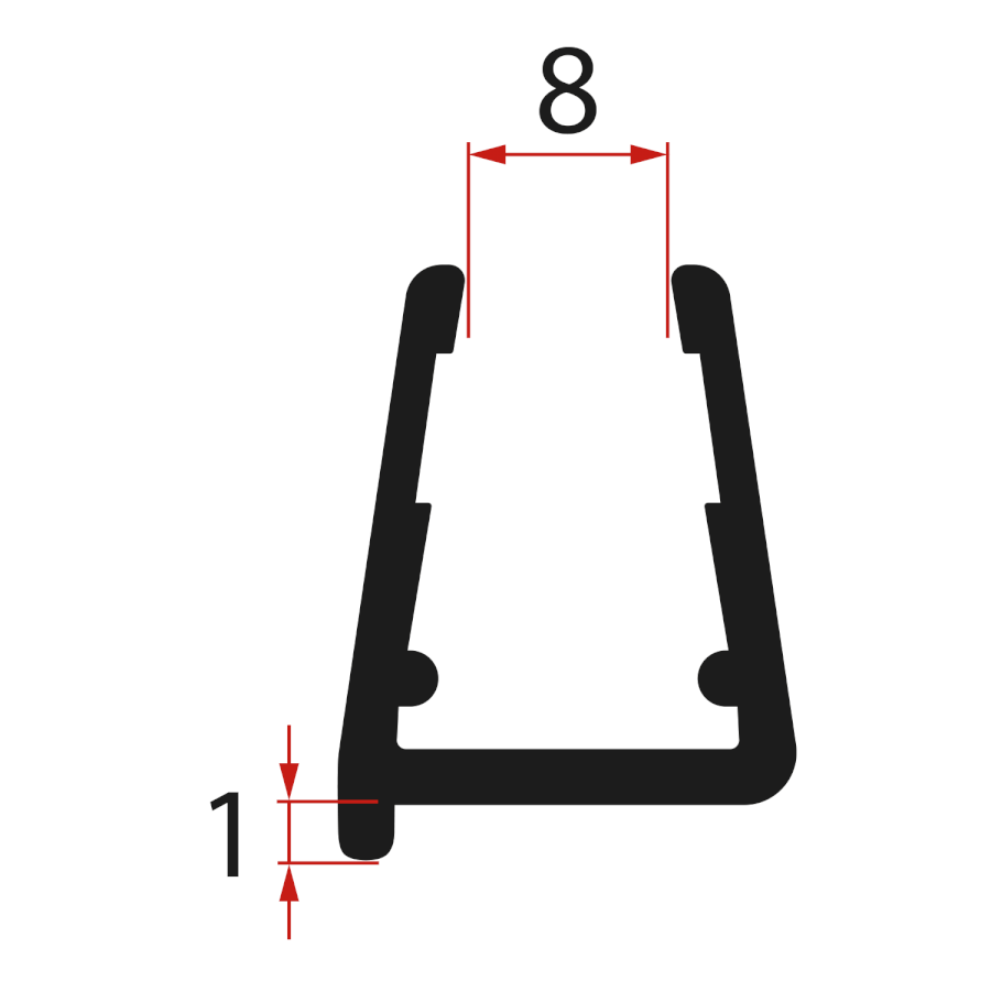 NDRL03B (55378) Spodní těsnění na pevné sklo 8mm, 1000mm, černá NDRL03B