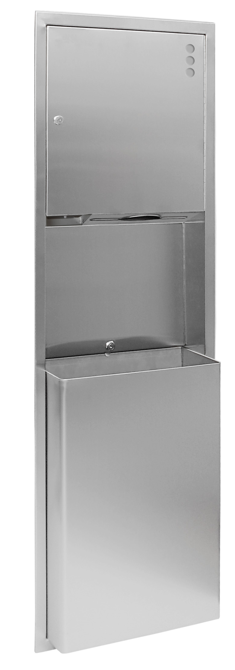 Zabudovaný zásobník na papírové ručníky, dávkovač mýdla 1100 ml a koš 45l, 438x1371x108mm, nerez mat 12018.S