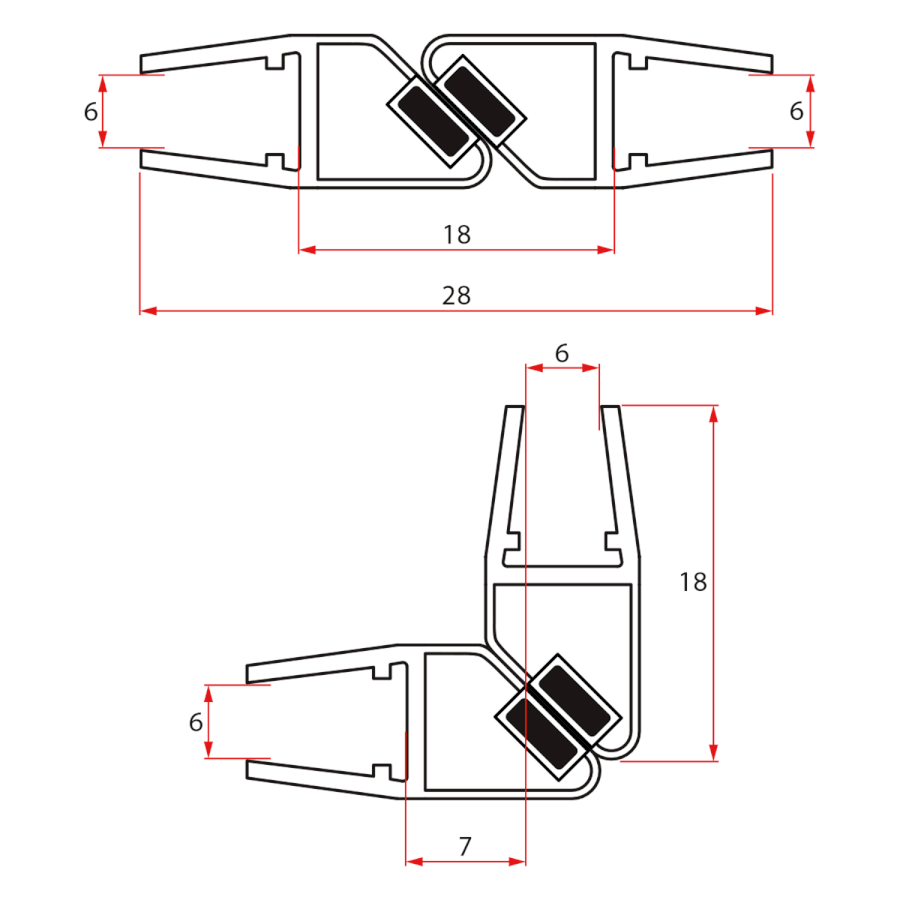 Set magnetických těsnění 45°pro sklo 6/6mm, 1900mm NDGS09