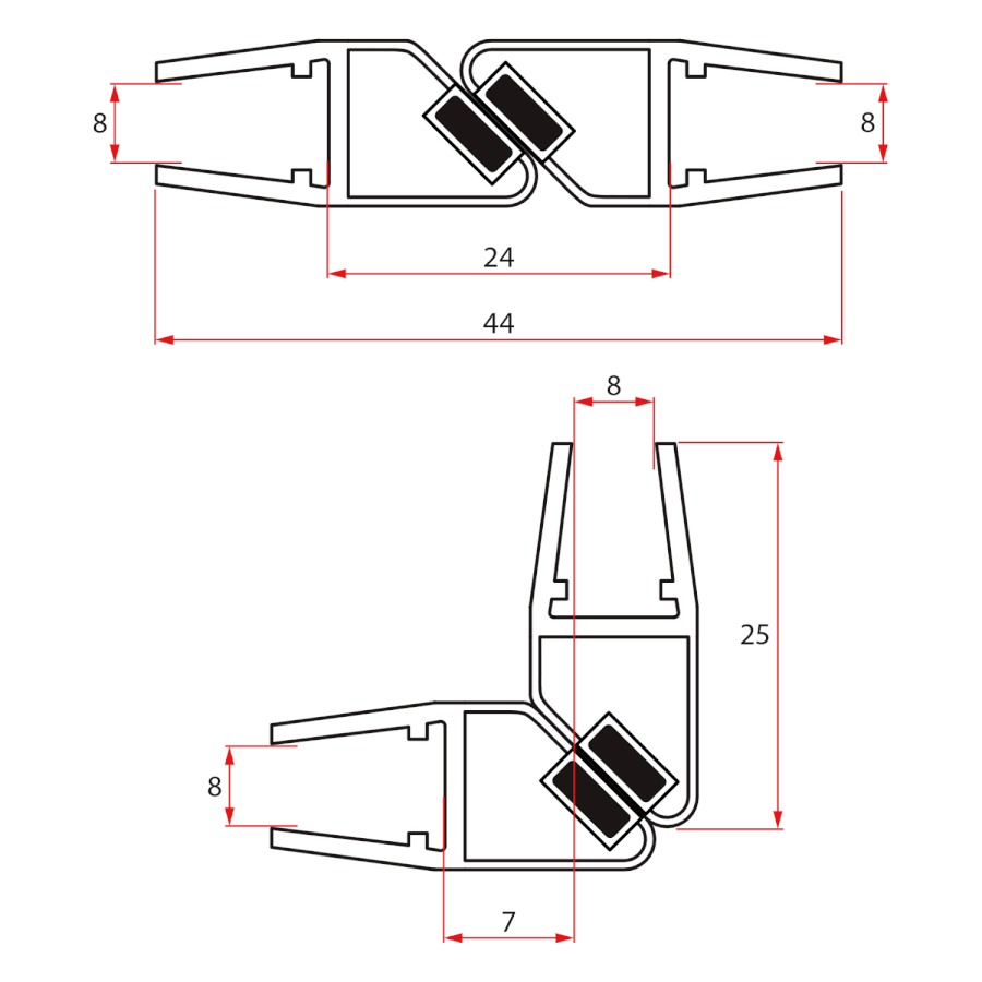 NDTL04 (49050) Set magnetických těsnění 45°pro sklo 8/8mm, 2000mm NDTL04